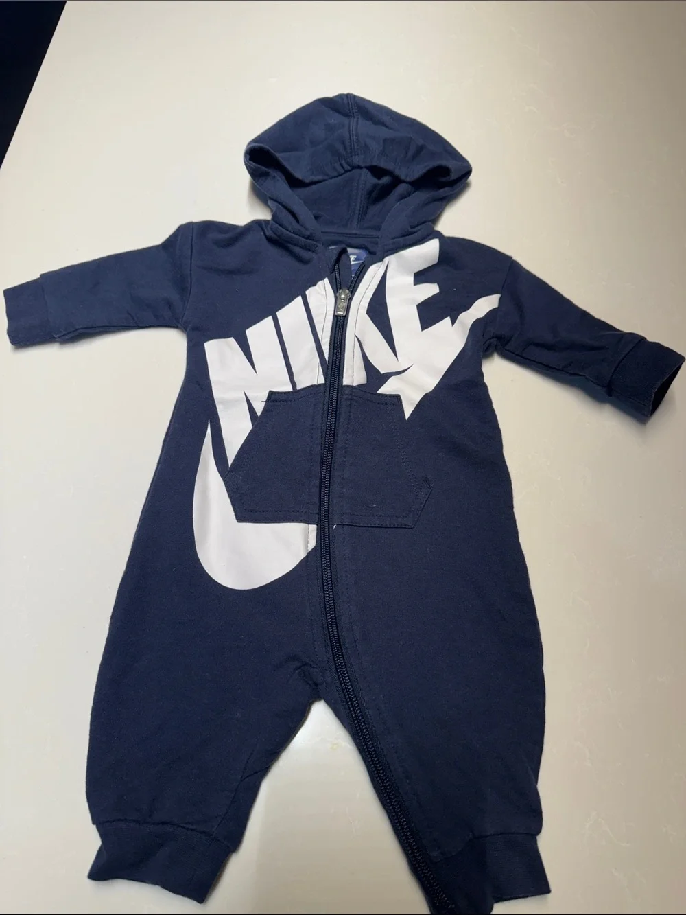 Nike Navy and White Infant Hooded One-Piece Romper